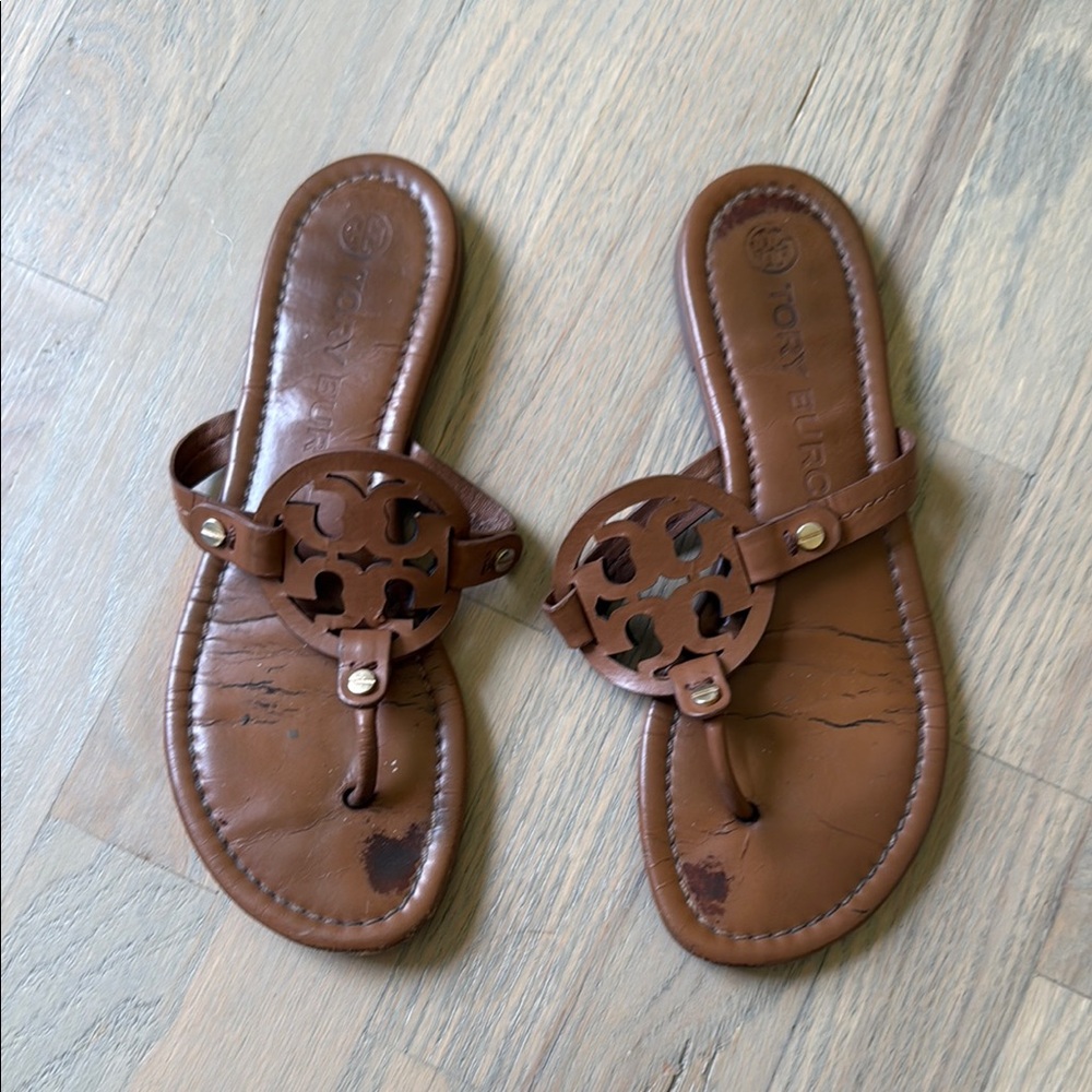 Tory Burch Brown Leather Sandals with Signature Medallion